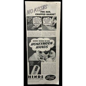 Hinds Hand Lotion Vintage Print Ad 30s Honeymoon Hands Beauty Cream Honey Almond